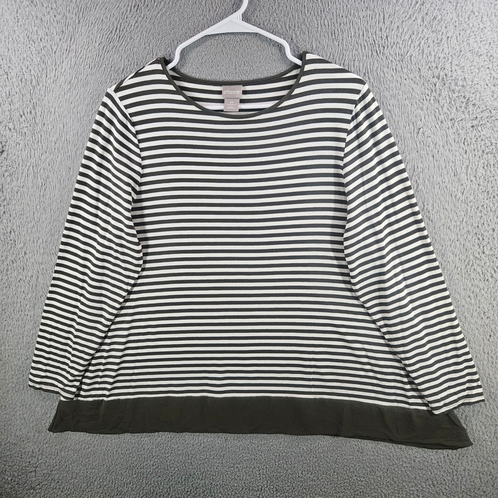 Chicos Top Womens 2P US LP Petite Olive Green White Striped Long Slv Scoop Neck